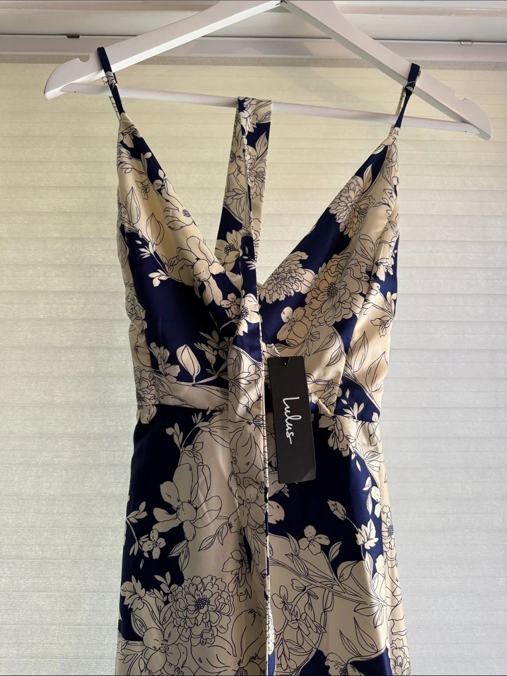 Lulu's Navy and Cream Floral Satin Maxi Dress with Waist Tie